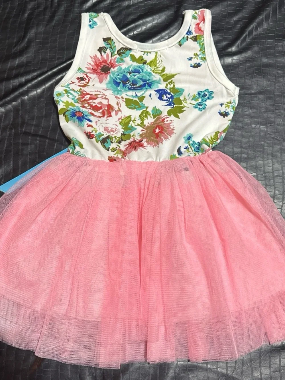 Floral Tank Dress with Pink Tulle Skirt and Blue Ribbon